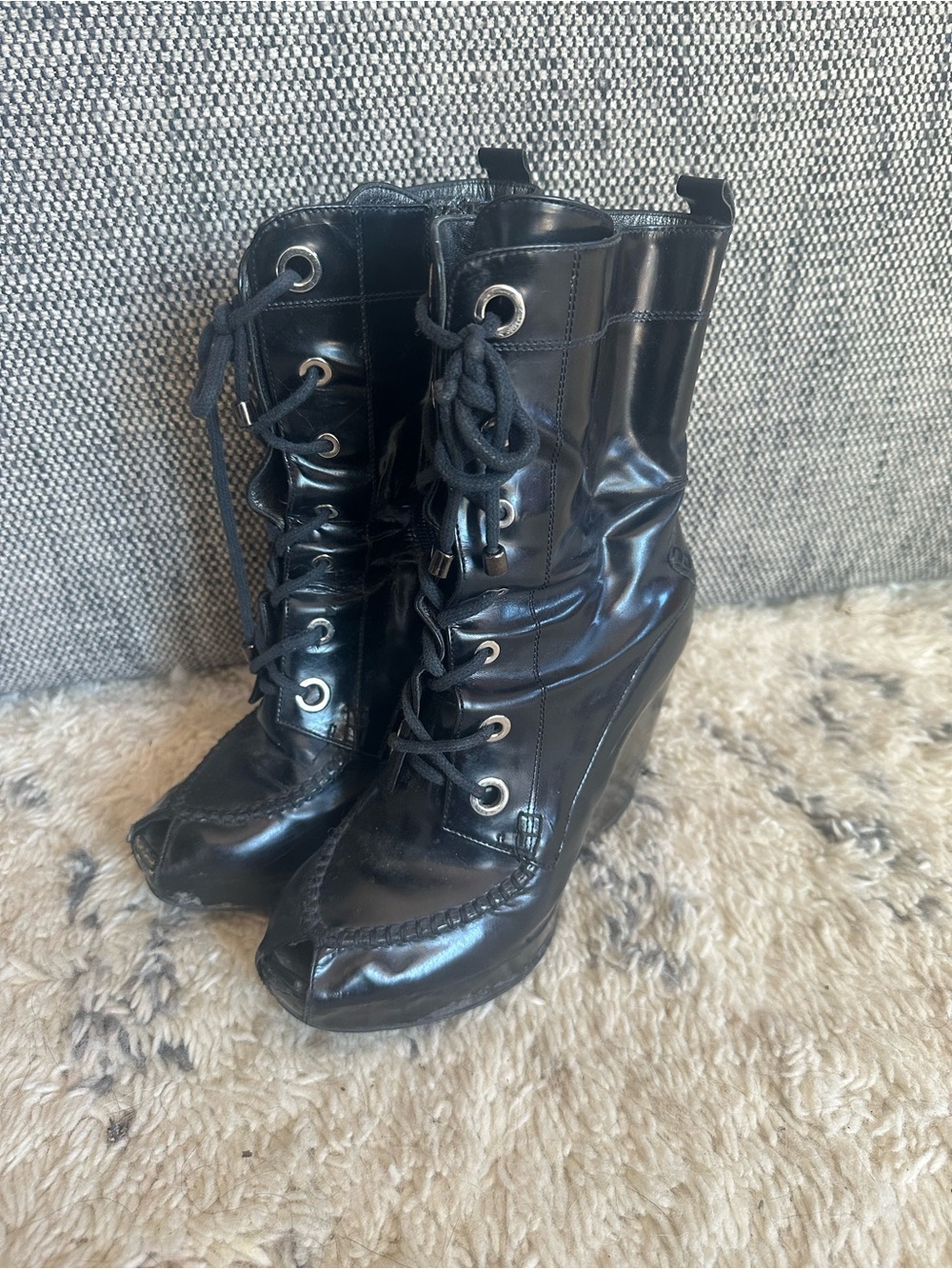 Black Leather Lace-Up Wedge Boots - Women 7 Made in Italy 🇮🇹